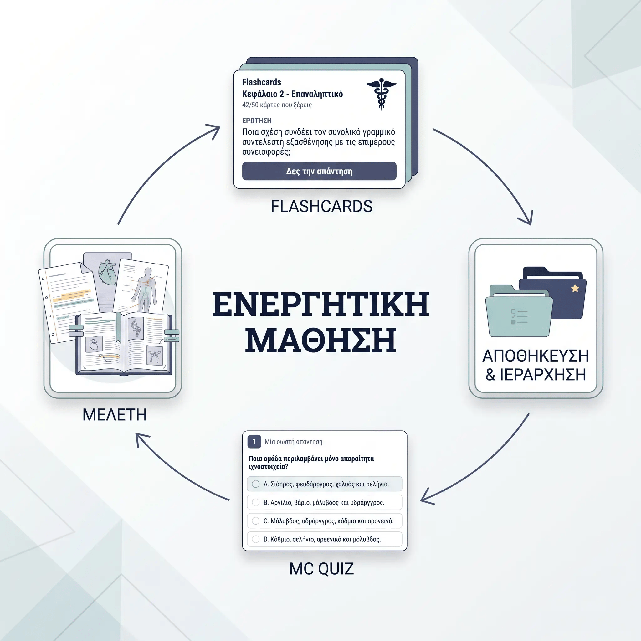 Ο κύκλος της ενεργητικής μάθησης: μελέτη, flashcards, αποθήκευση και ιεράρχηση, επανάληψη, multiple choice quiz